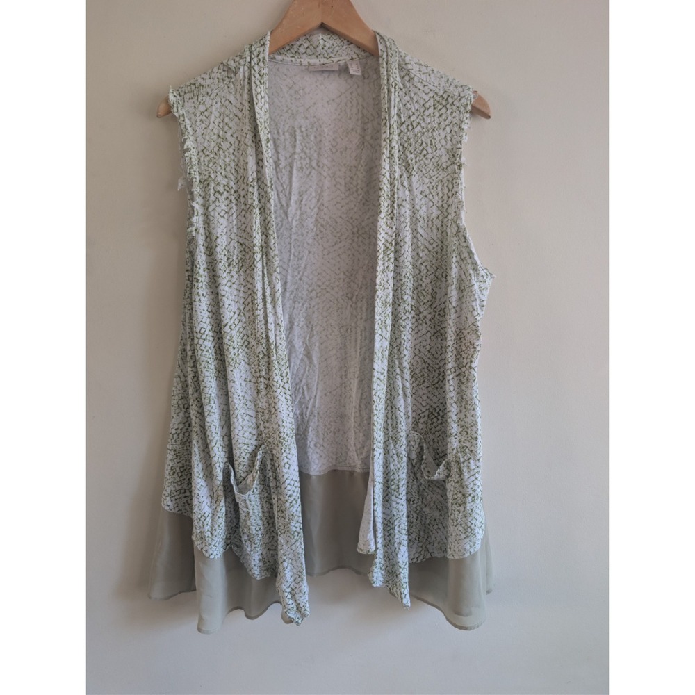 LOGO Lori Goldstein Women's Viscose  Green Print Open‎ Front Cardigan Top Sz L